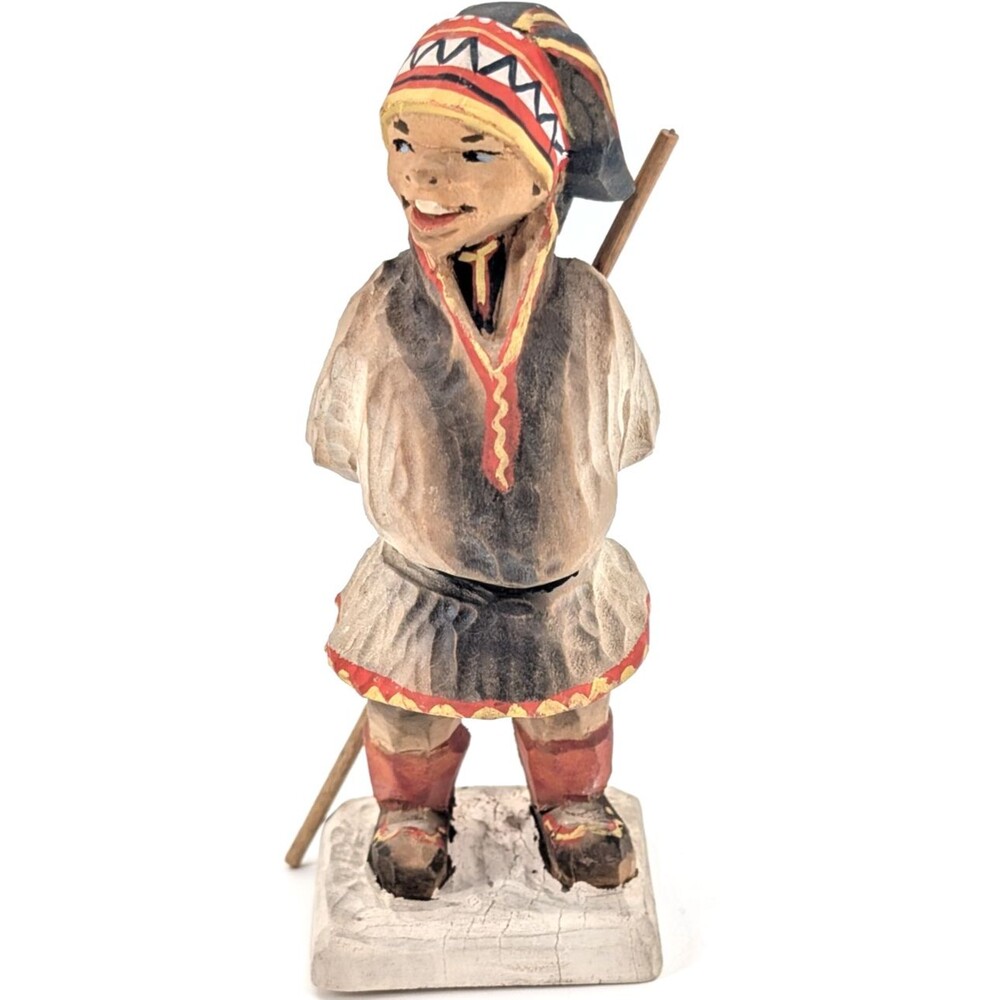 Hand Carved in Norway Sami with Stick Cedar Wooden Figurine Sculpture Vintage